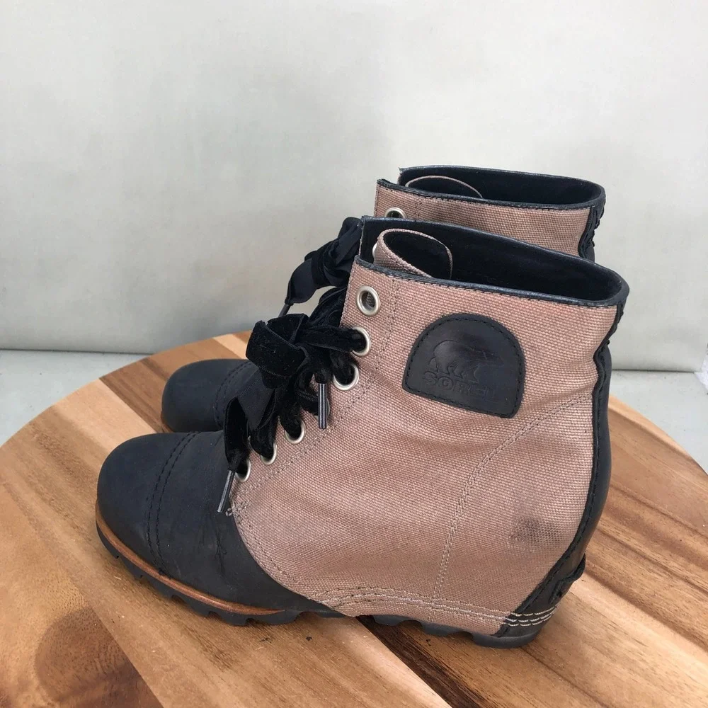 Sorel PDX Premium Wedge Booties Womens 8 Black Brown Canvas Leather Lace Up